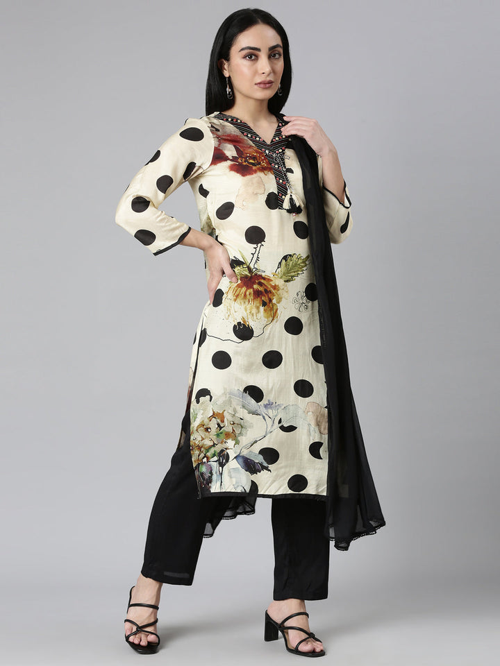 Neerus Beige Regular Straight Printed Kurta and Trousers With Dupatta