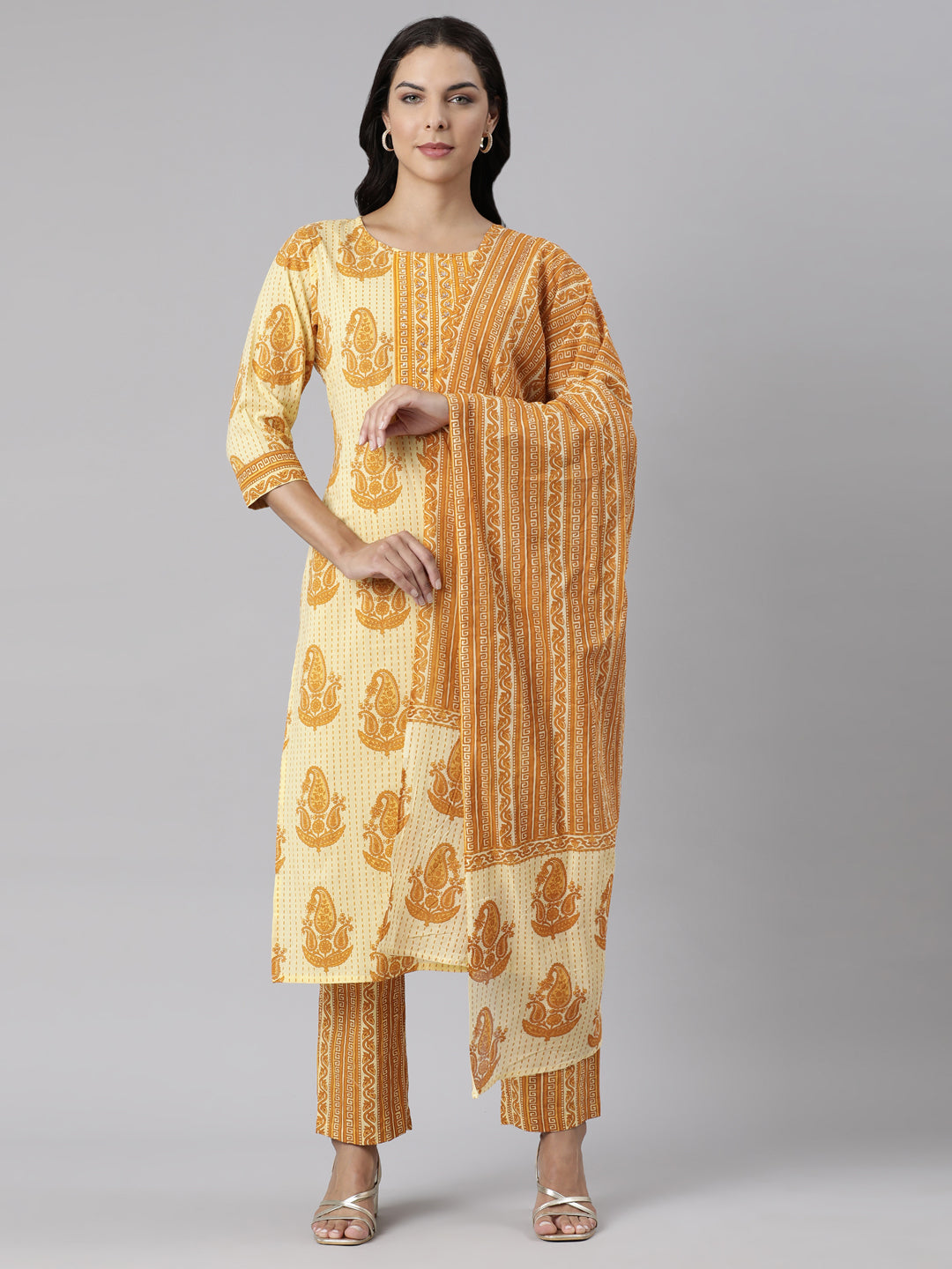 Neerus Yellow printed straight suit set kurta trouser dupatta - front view