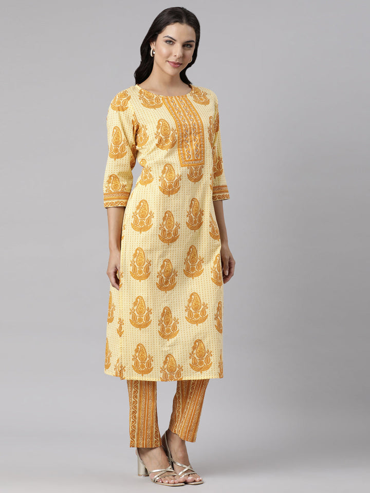 Neerus Yellow printed straight suit set kurta trouser dupatta - side view