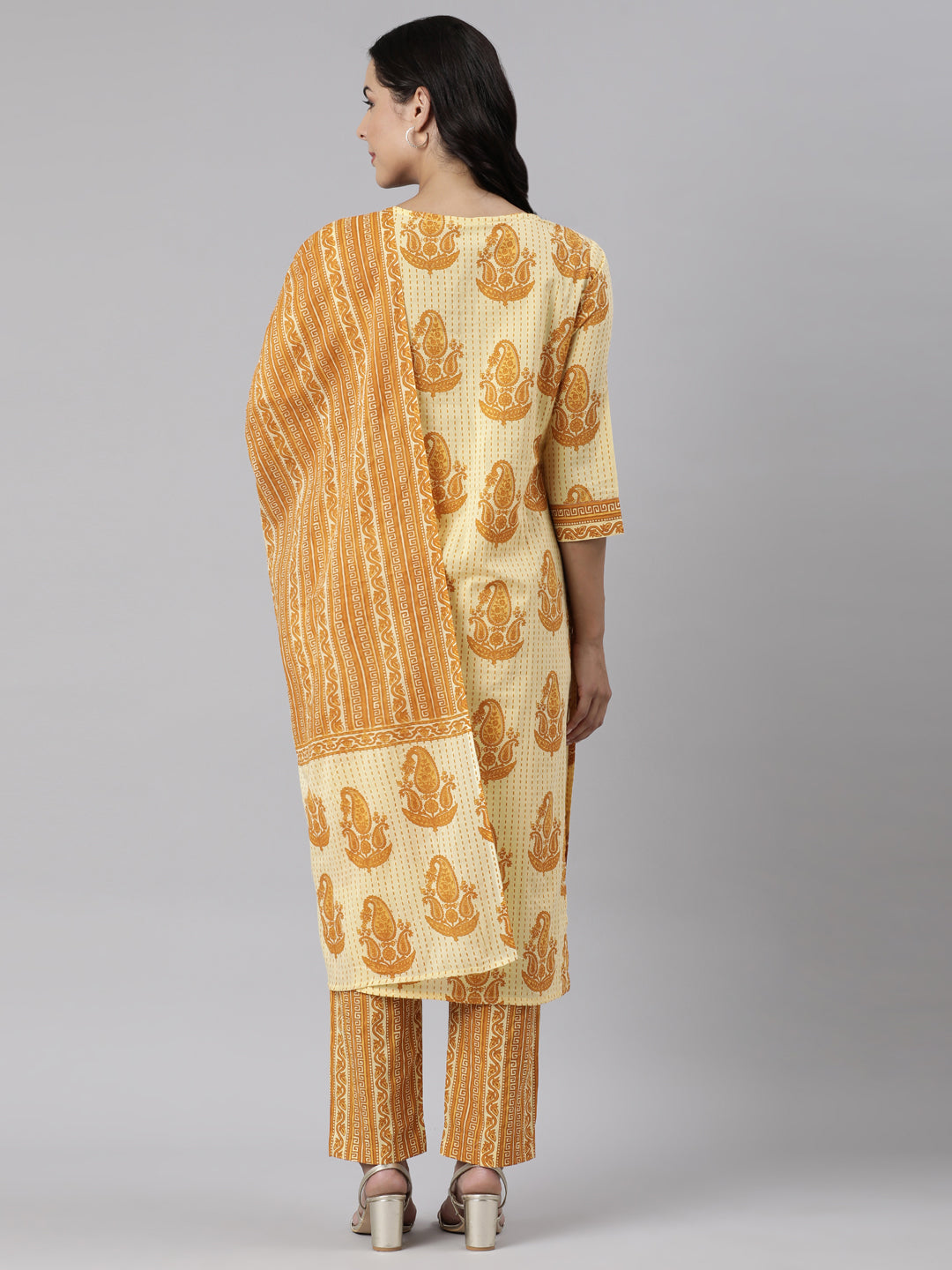 Neerus Yellow printed straight suit set kurta trouser dupatta - detail view 1