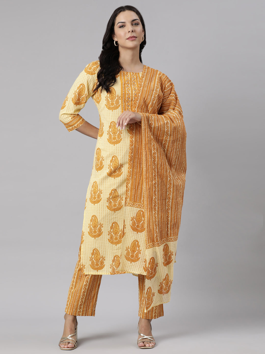 Neerus Yellow printed straight suit set kurta trouser dupatta - detail view 3