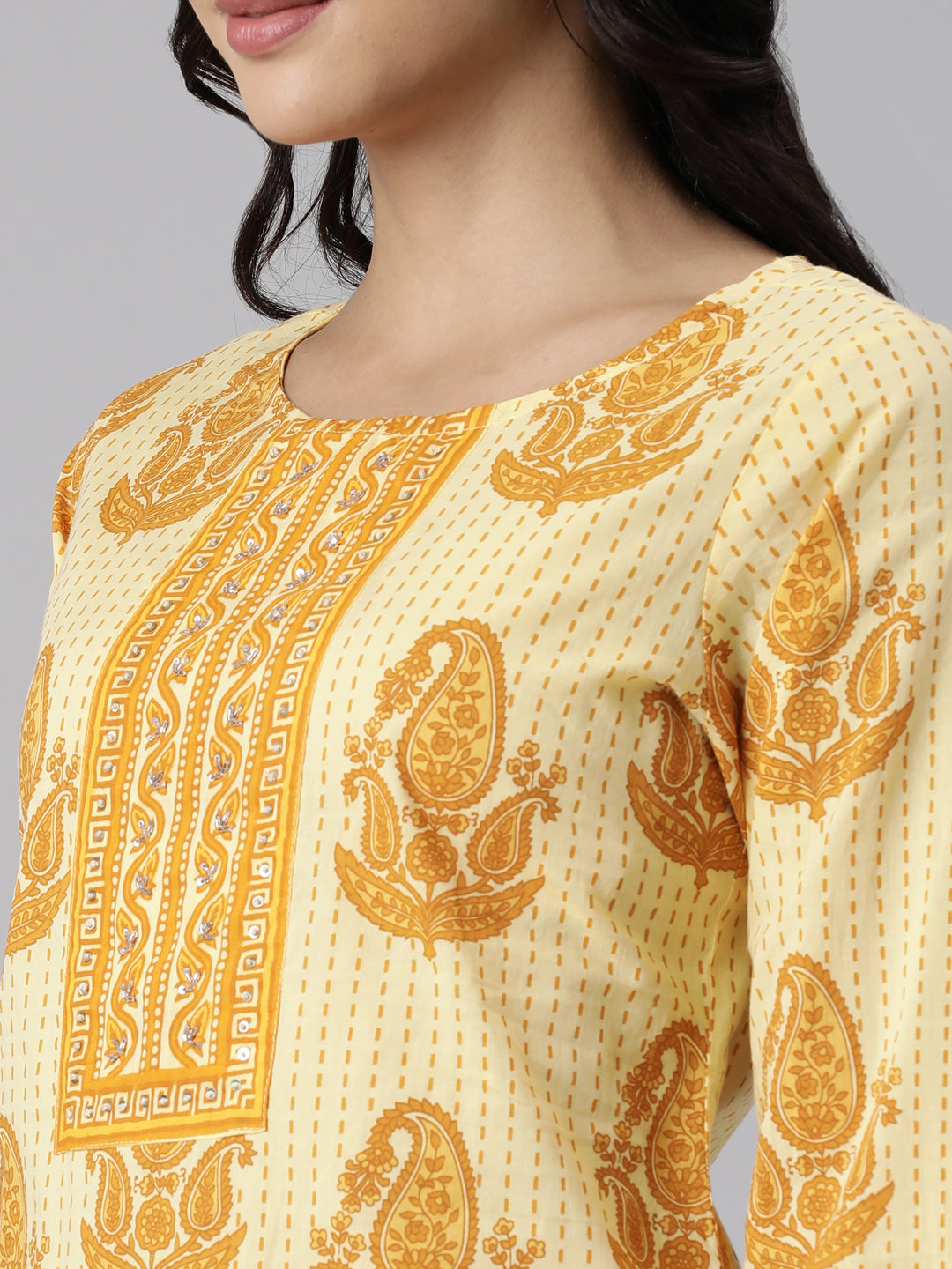 Neerus Yellow printed straight suit set kurta trouser dupatta - detail view 2