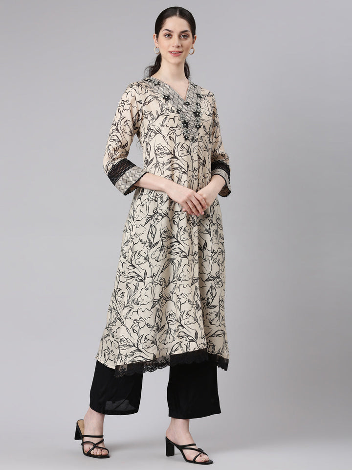 Neerus Women Beige Kurta and Trousers With Dupatta