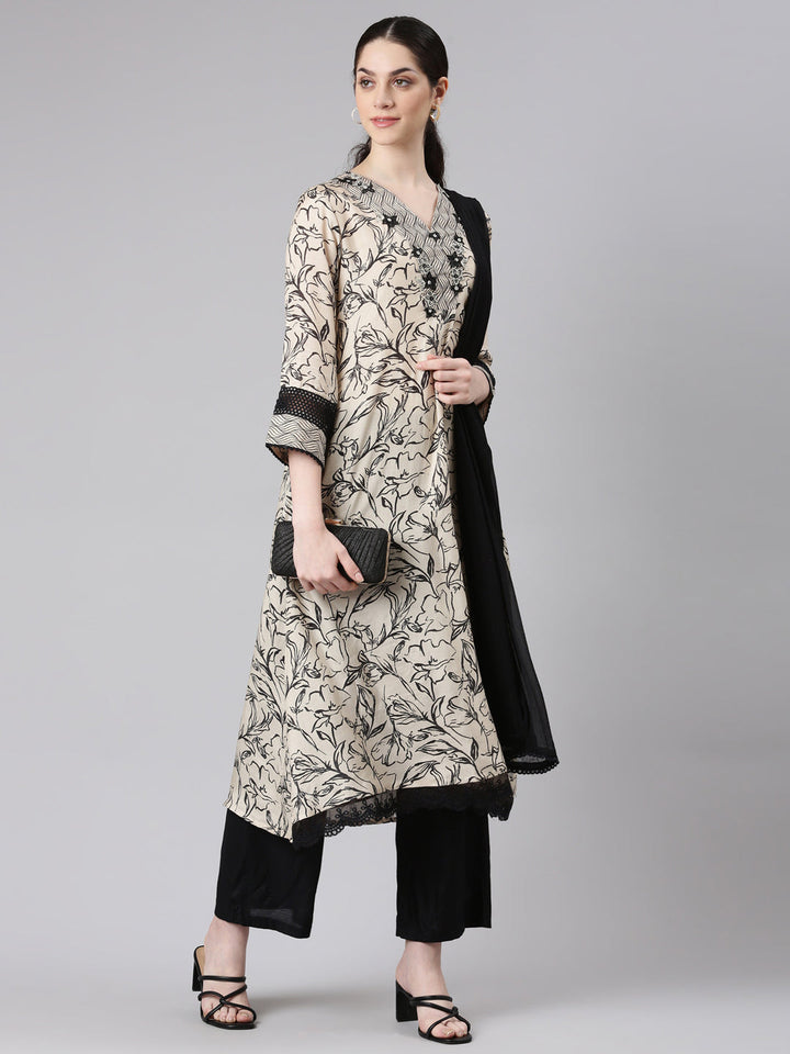 Neerus Women Beige Kurta and Trousers With Dupatta