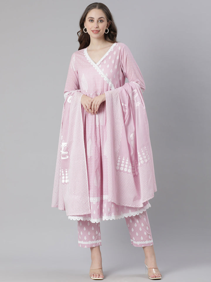 Neerus Pink Printed Anarkali Kurta and Trousers With Dupatta