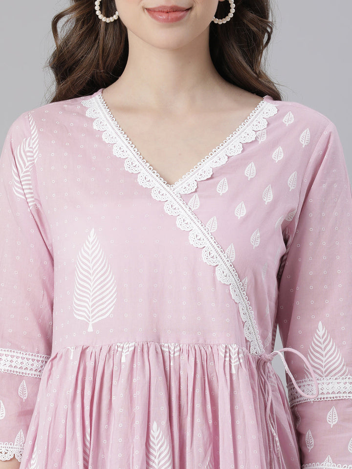 Neerus Pink Printed Anarkali Kurta and Trousers With Dupatta