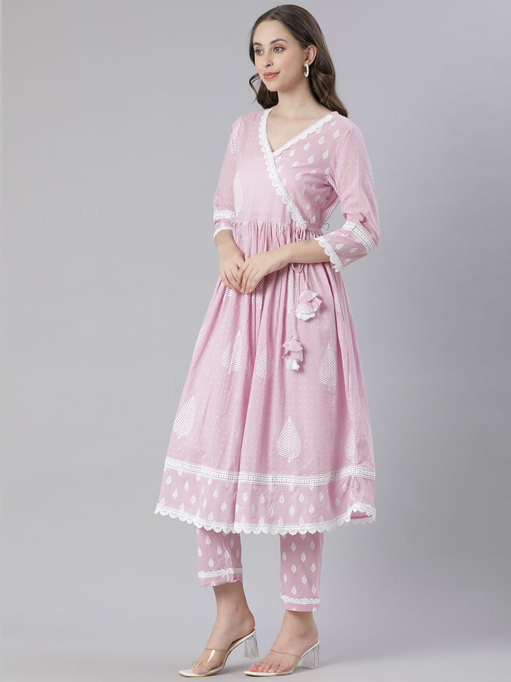 Neerus Pink Printed Anarkali Kurta and Trousers With Dupatta