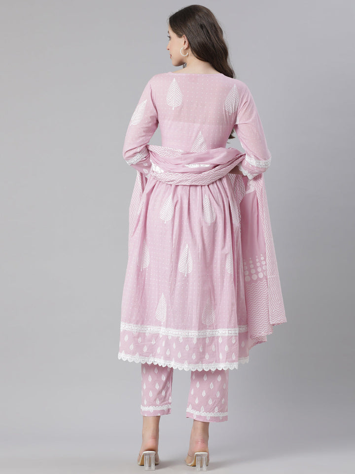 Neerus Pink Printed Anarkali Kurta and Trousers With Dupatta