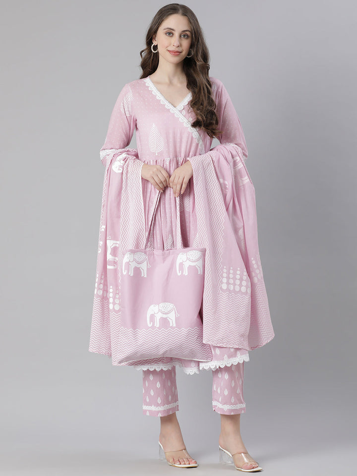 Neerus Pink Printed Anarkali Kurta and Trousers With Dupatta