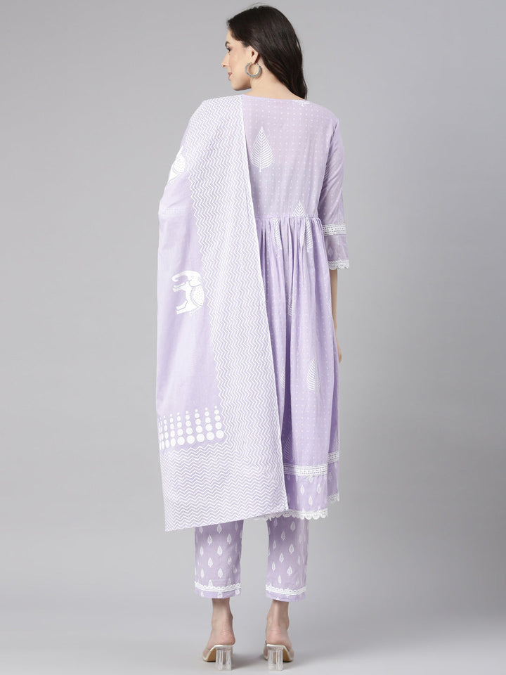 Neerus Lavender Printed Anarkali Kurta and Trousers With Dupatta and with bag