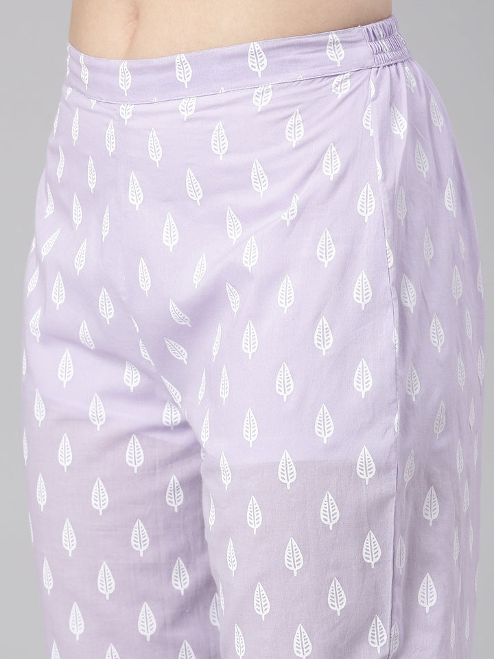 Neerus Lavender Printed Anarkali Kurta and Trousers With Dupatta and with bag