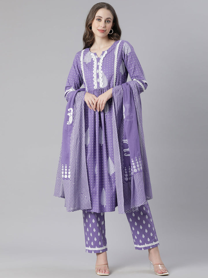 Neerus Purple cotton printed suit set - front view