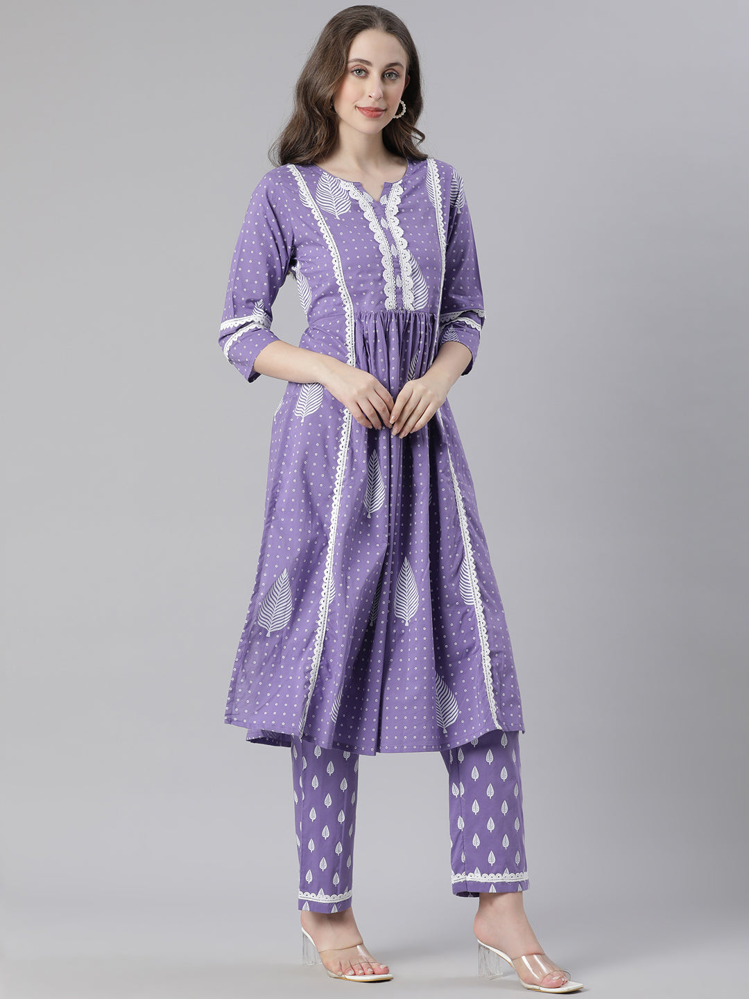 Neerus Purple cotton printed suit set - back view
