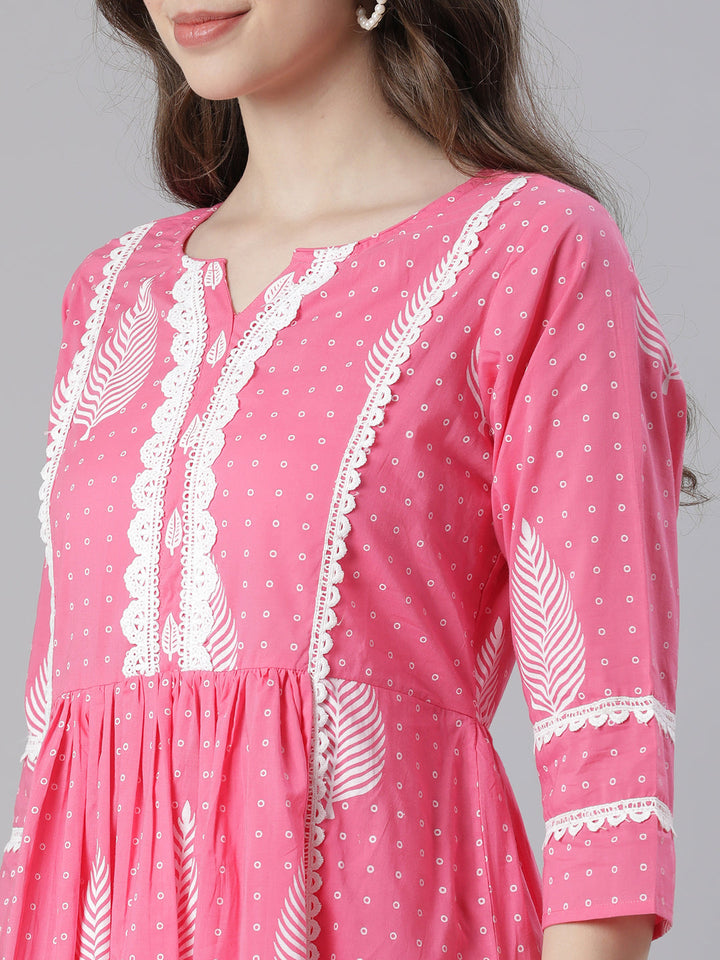 Neerus Pink Printed Straight Kurta and Trousers With Dupatta