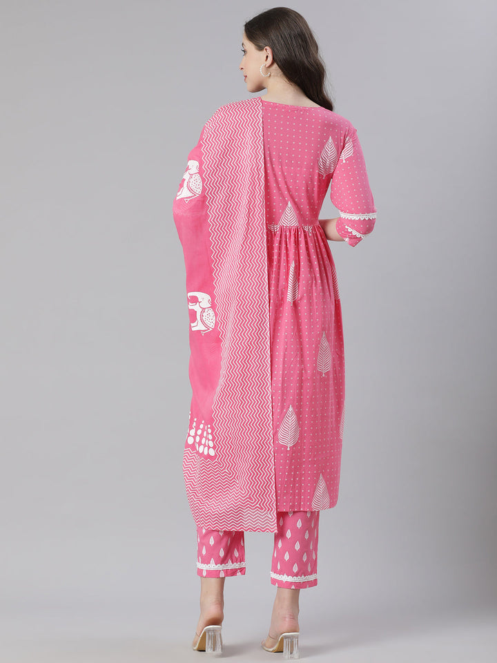 Neerus Pink Printed Straight Kurta and Trousers With Dupatta