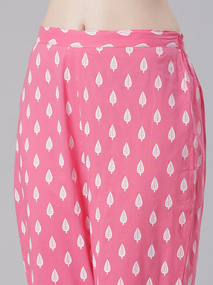 Neerus Pink Printed Straight Kurta and Trousers With Dupatta