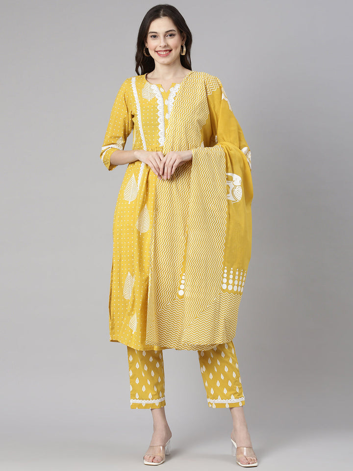 Neerus Yellow Printed Straight Kurta and Trousers With Dupatta and with bag