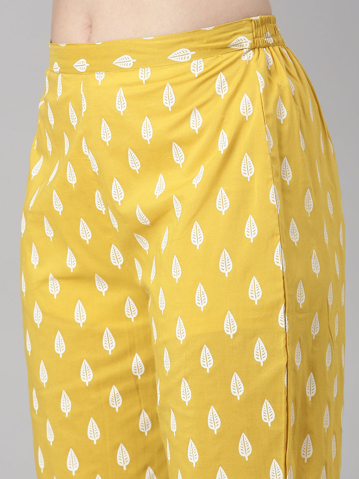 Neerus Yellow Printed Straight Kurta and Trousers With Dupatta and with bag