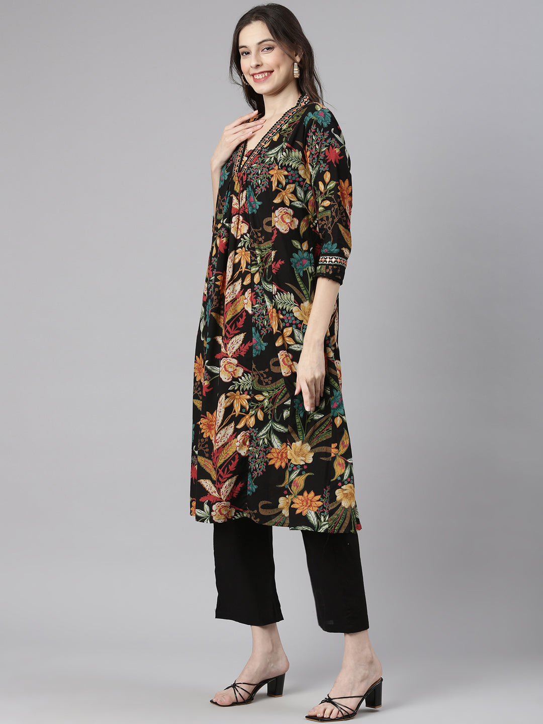 Neerus Black printed anarkali suit set - detail view 2