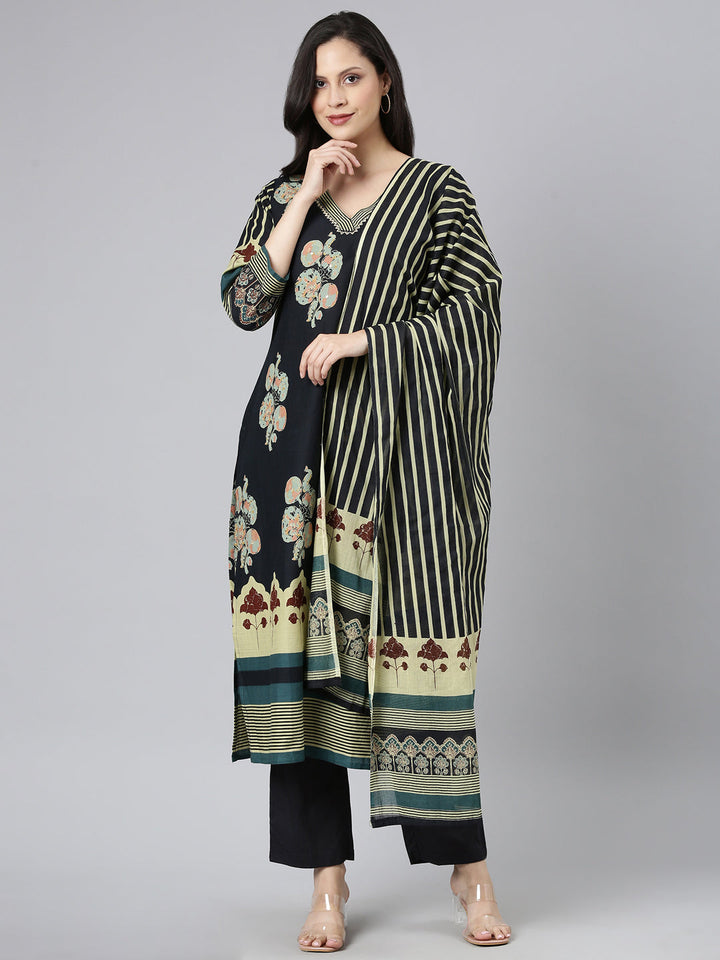 Neerus Black Printed Straight Kurta and Trousers With Dupatta