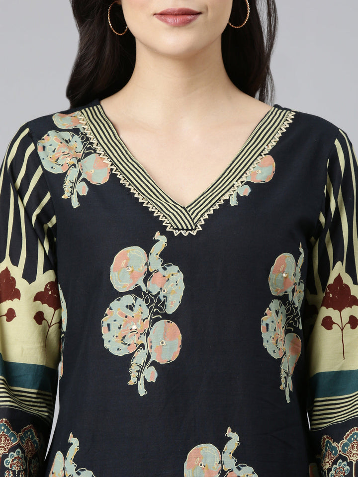 Neerus Black Printed Straight Kurta and Trousers With Dupatta