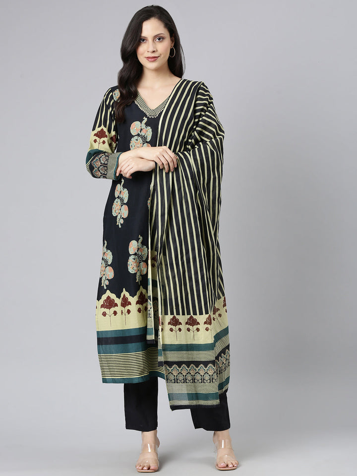 Neerus Black Printed Straight Kurta and Trousers With Dupatta