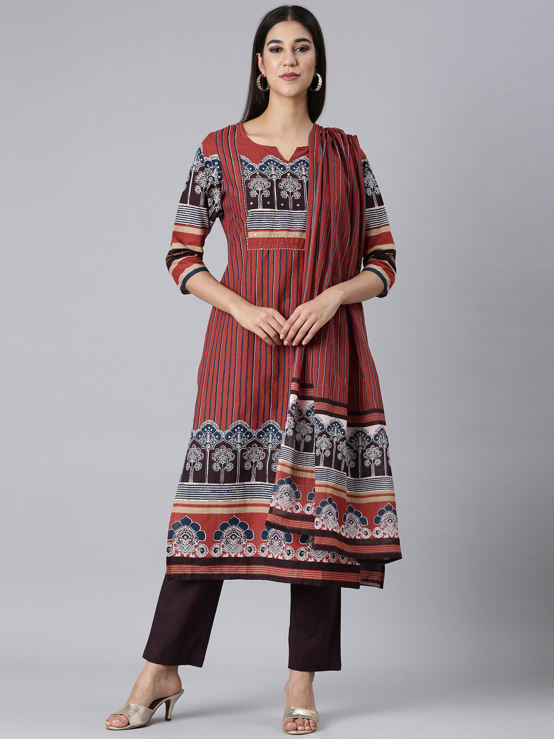 Neerus Maroon cotton printed straight suit set - front view