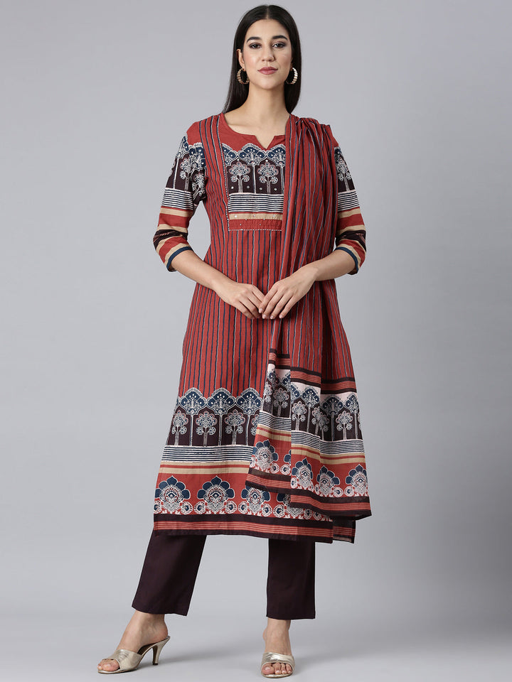 Neerus Maroon cotton printed straight suit set - front view