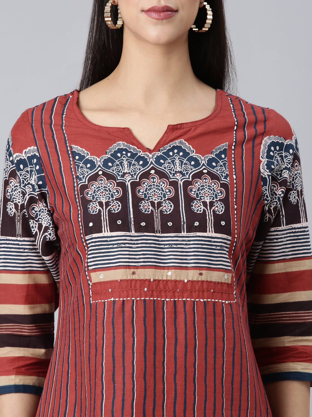 Neerus Maroon cotton printed straight suit set - detail view 1
