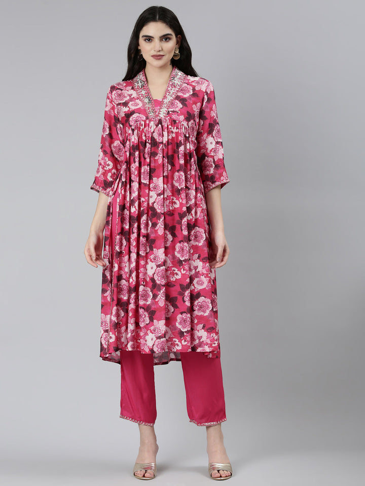 Neerus Pink shantoon printed kurta set with trousers - front view