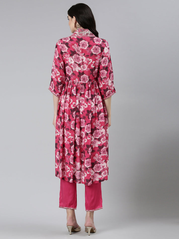 Neerus Pink shantoon printed kurta set with trousers - side view