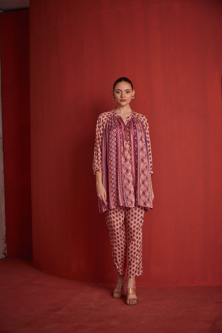 Neerus Peach shantoon printed co-ord set - front view