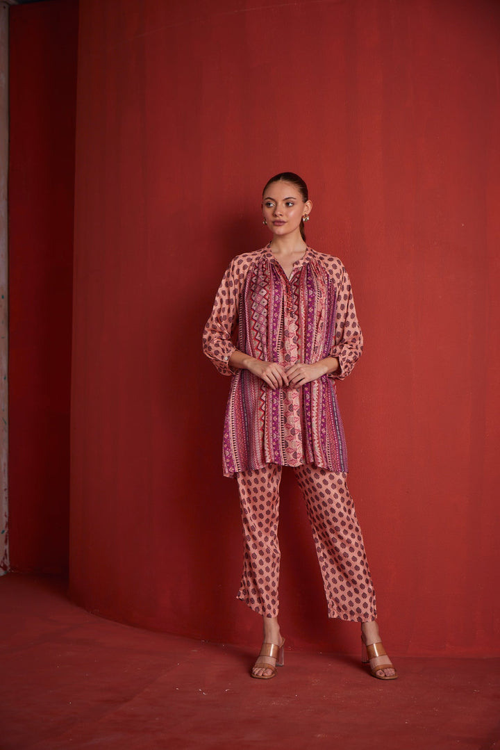 Neerus Peach shantoon printed co-ord set - back view