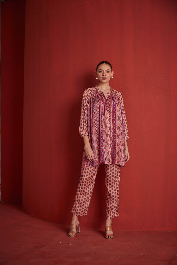 Neerus Peach shantoon printed co-ord set - detail view 1