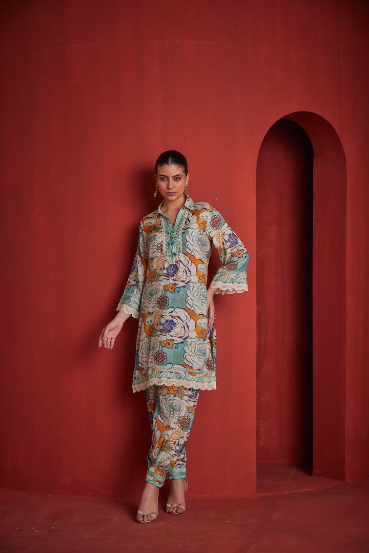 Neerus Green cotton printed kurta set - front view