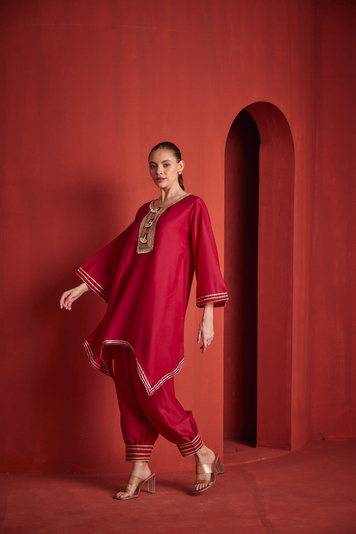 Neerus Pink Chanderi printed kurta set - back view