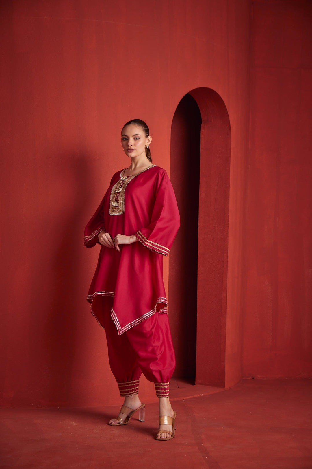 Neerus Pink Chanderi printed kurta set - detail view 1