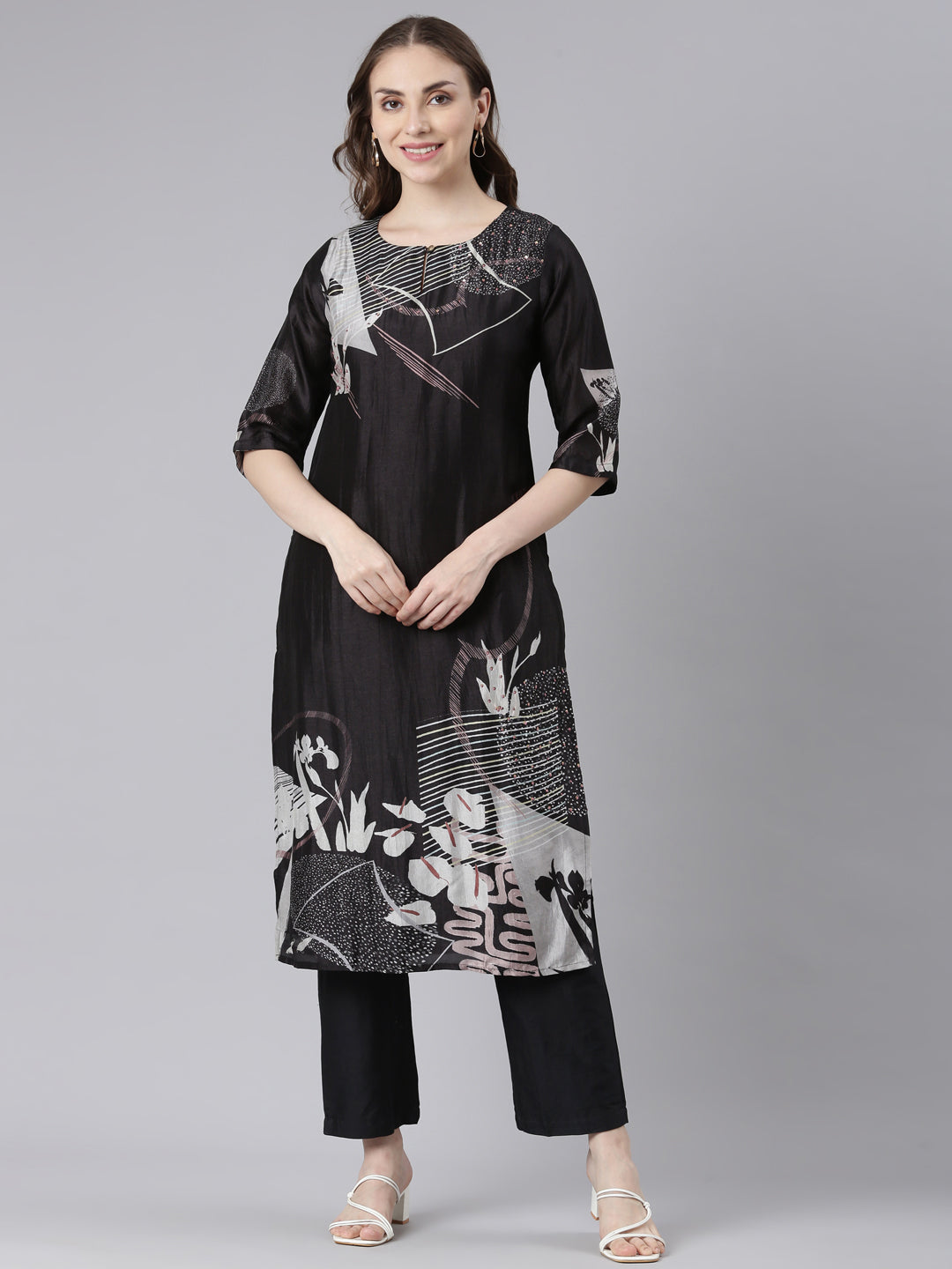 Neerus Black Shantoon solid straight kurta set - front view