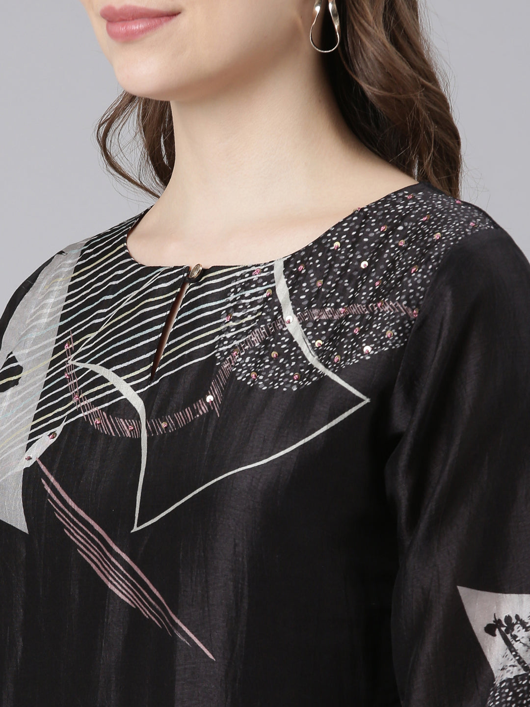 Neerus Black Shantoon solid straight kurta set - detail view 2