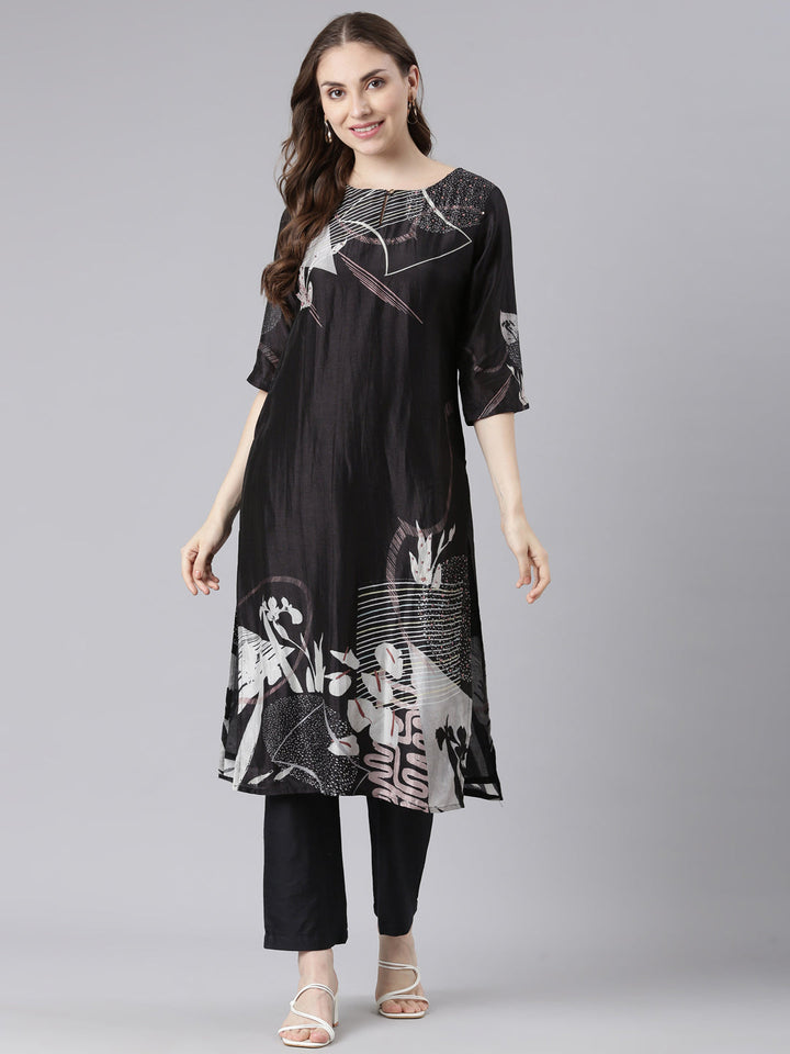 Neerus Black Shantoon solid straight kurta set - detail view 3