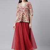 Neerus Maroon Printed Straight Top and Skirt