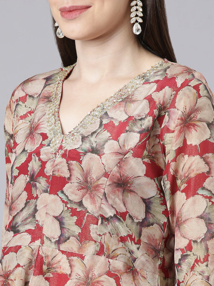 Neerus Maroon Printed Straight Top and Skirt