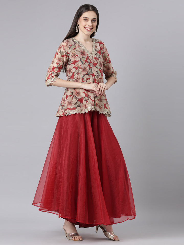 Neerus Maroon Printed Straight Top and Skirt