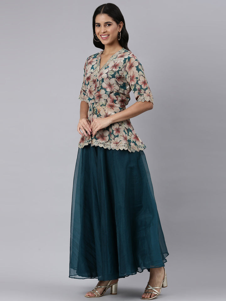 Neerus Blue organza printed asymmetric co-ord set - back view