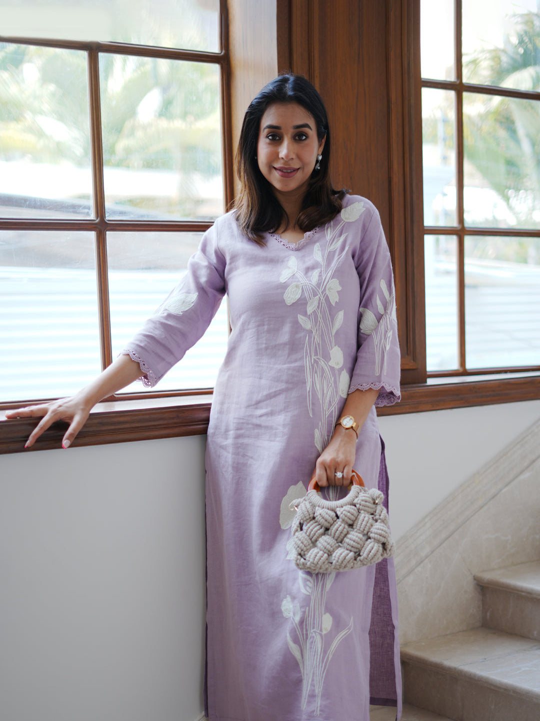 Neerus Purple linen embroidered kurta set - front view