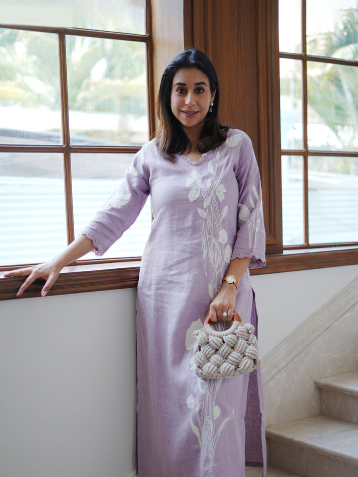 Neerus Purple linen embroidered kurta set - front view