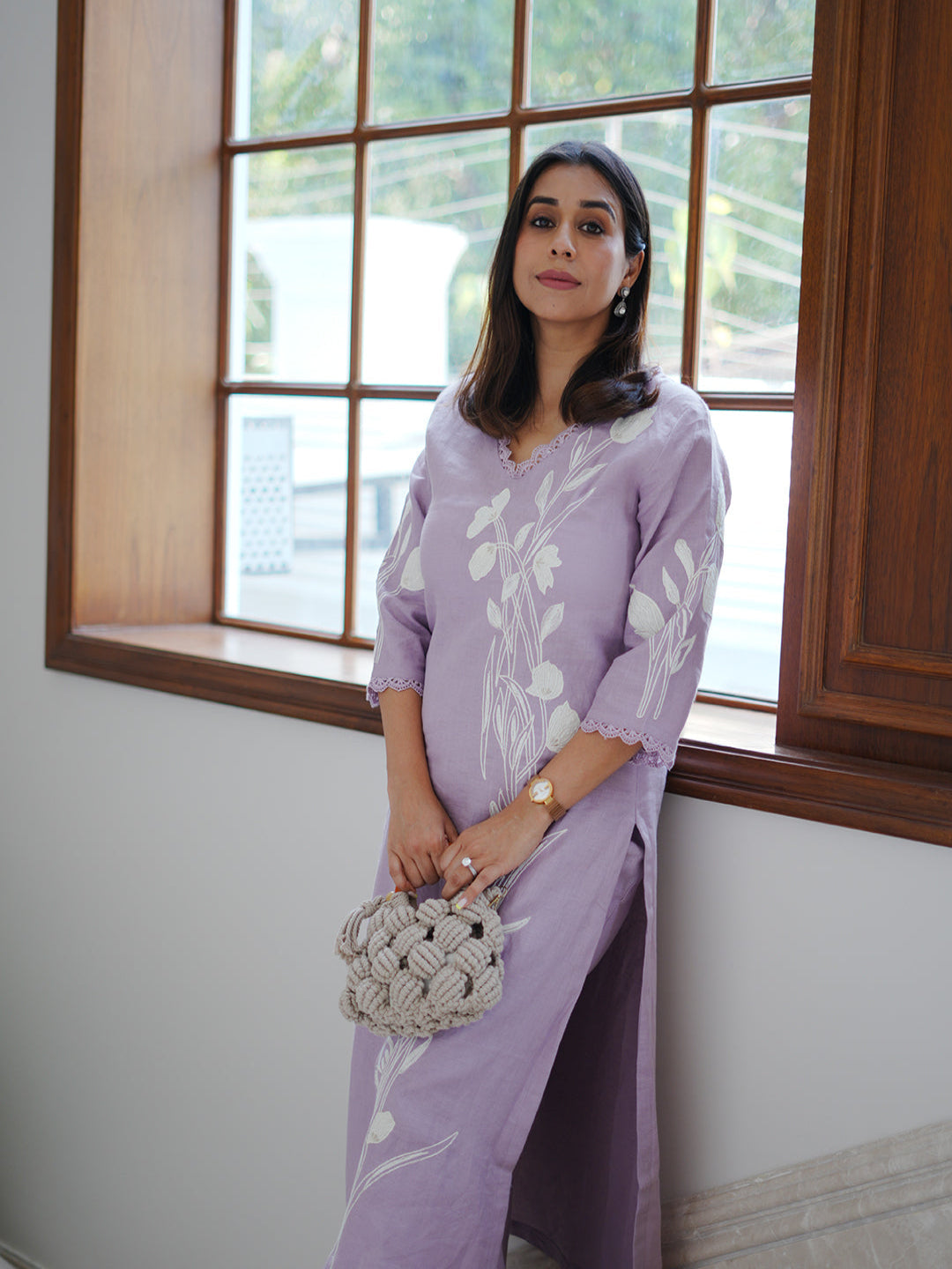 Neerus Purple linen embroidered kurta set - back view