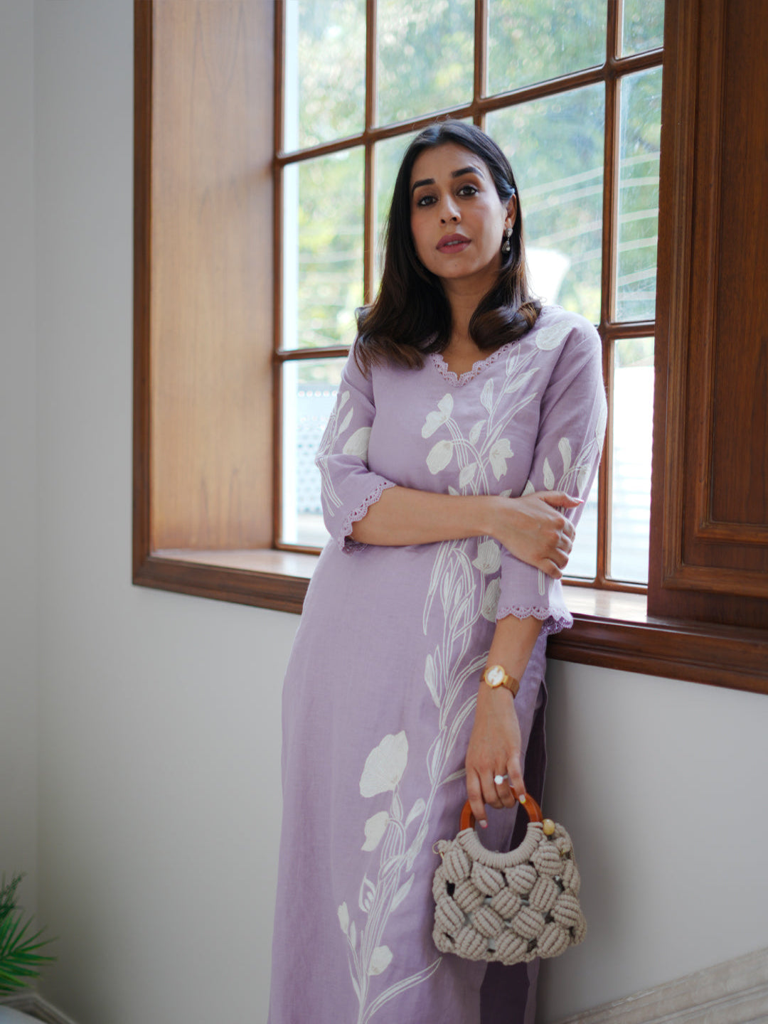 Neerus Purple linen embroidered kurta set - side view