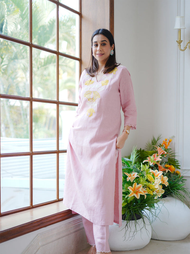 Neerus Pink linen embroidered kurta set - side view