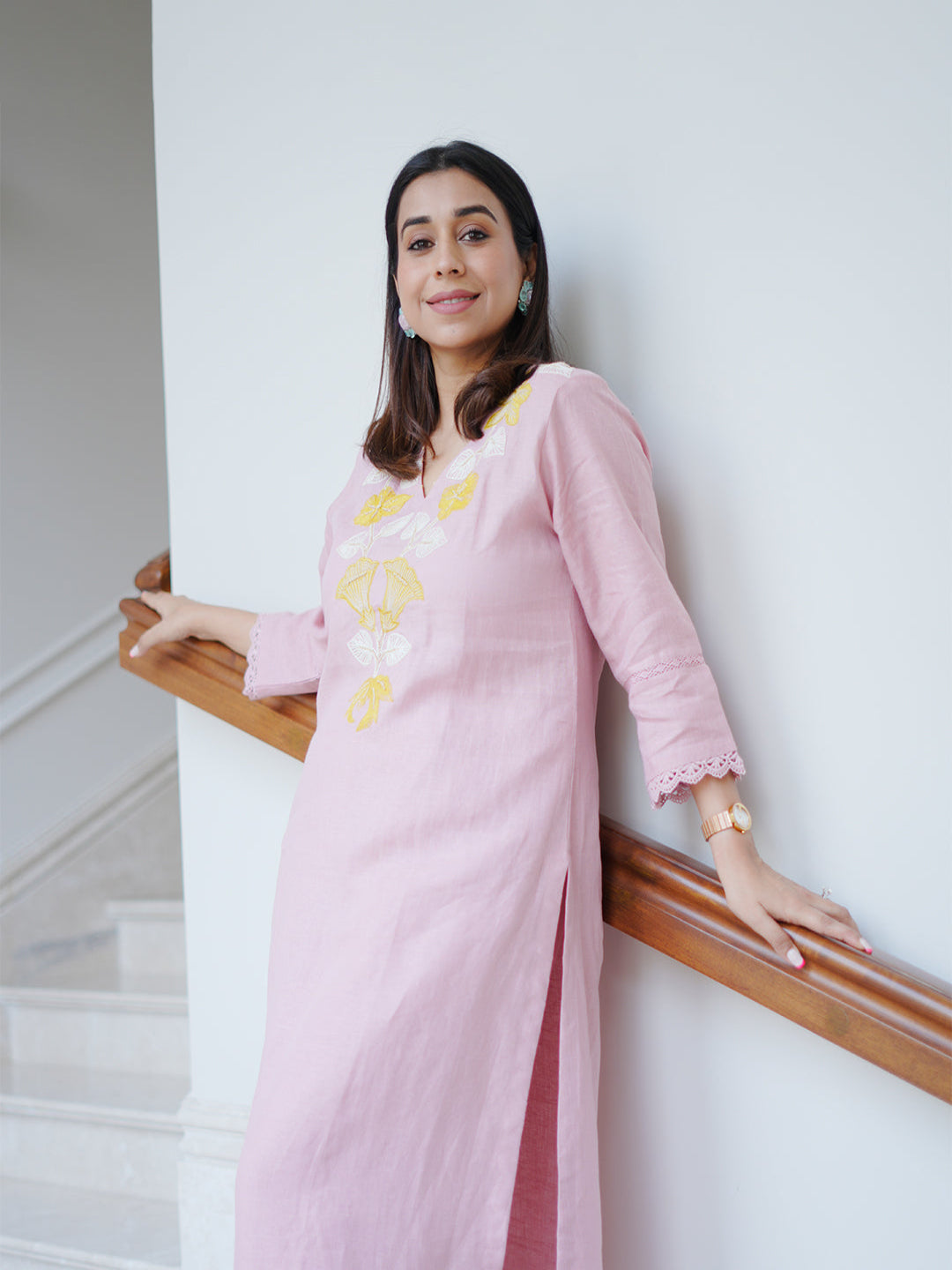 Neerus Pink linen embroidered kurta set - detail view 1